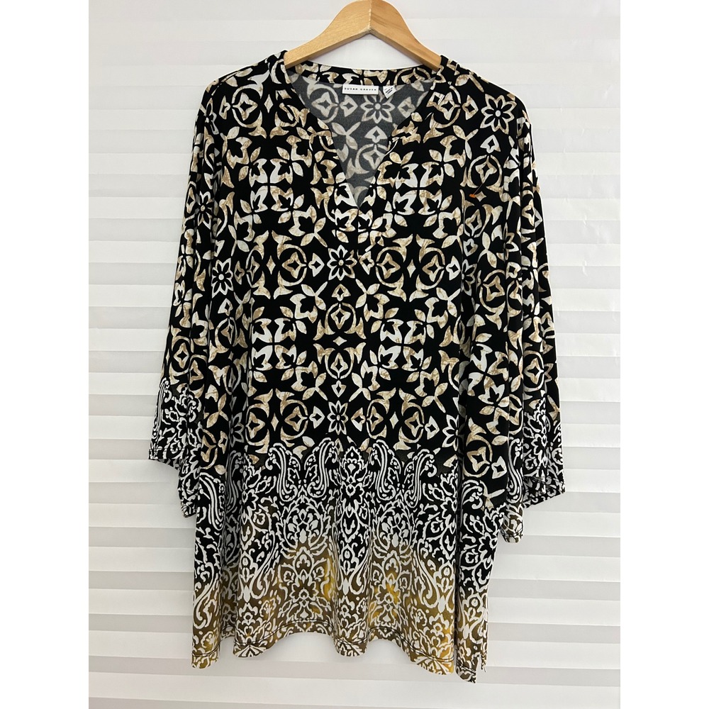 Susan Graver Liquid Knit Tunic Top Black Tan Medallion Print 3/4 Bell Sleeve 3X